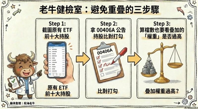 許多投資人容易重複購買成分股高度相同的 ETF，股海老牛建議投資人進行比對，看到同家公司就打勾。（圖／股海老牛授權提供）