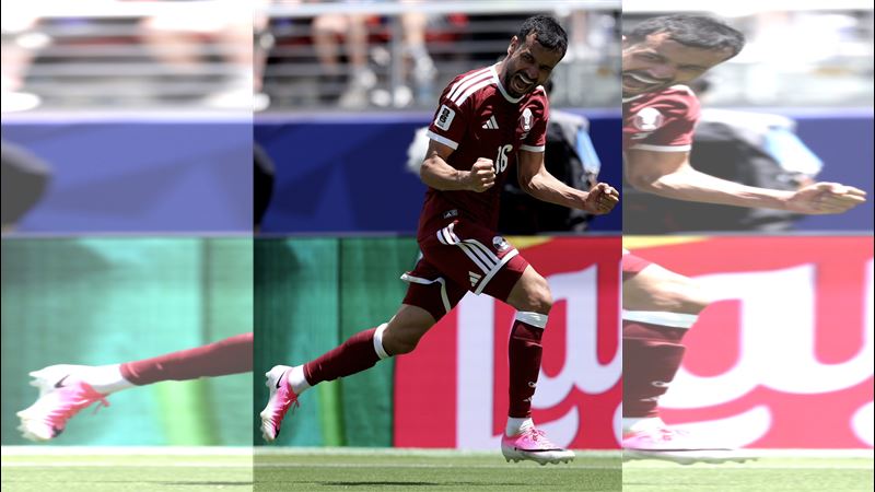 卡達胡赫（Boualem Khoukhi）補時階段頭頂破門。（圖／翻攝自X平台 @FIFAWorldCup）