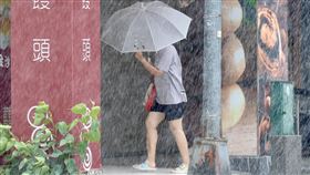 氣象署豪雨特報　高屏地區留意雨勢（2）中央氣象署12日發布豪雨特報，高雄市、屏東縣易有局部大雨或豪雨發生，民眾外出應備雨具，留意強降雨。圖為高雄市苓雅區午後大雨，民眾撐傘前行。中央社記者董俊志攝　115年6月12日