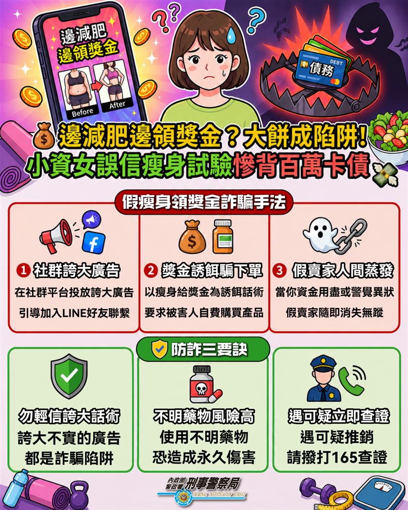 一名20多歲林姓女子踏入「假瘦身、真詐騙」陷阱,遭狠削超過新台幣230萬元。(圖/刑事局提供)