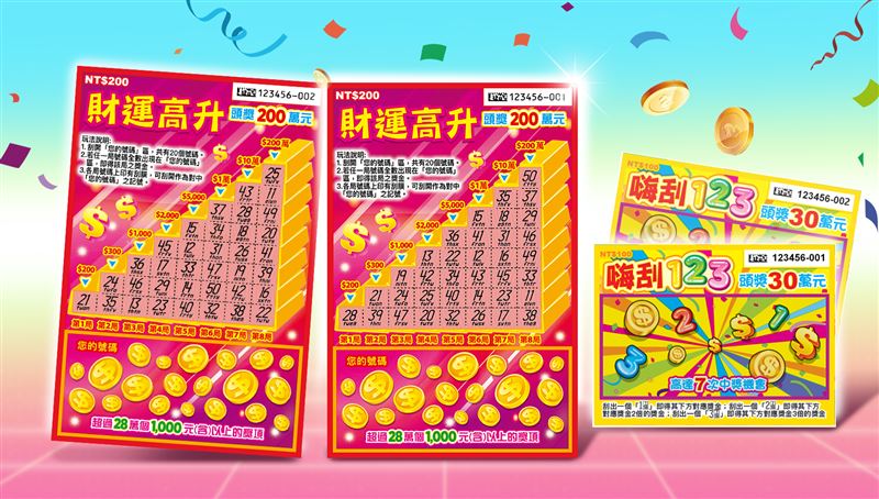 端午補財庫！台彩今（15）日推「財運高升」與「嗨刮123」兩款刮刮樂，總獎金逾10億元。頭獎分別為200萬與30萬元，結合益智延長及數字翻倍玩法，總中獎率最高達33.01%，邀民眾感受端午嗨刮樂趣，順手做公益。（圖／台灣彩券提供）