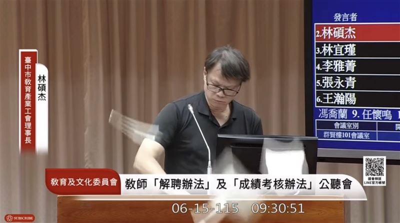 全國教育產業總工會副理事林碩杰於今日立法院教育及文化委員會上，怒撕、怒丟教育部修正條文草案。（圖／翻攝畫面）