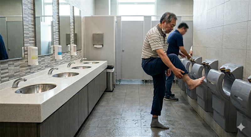 網友直擊一名男子在站內廁所使用烘手機吹腳。(示意圖/AI生成,非當事人)