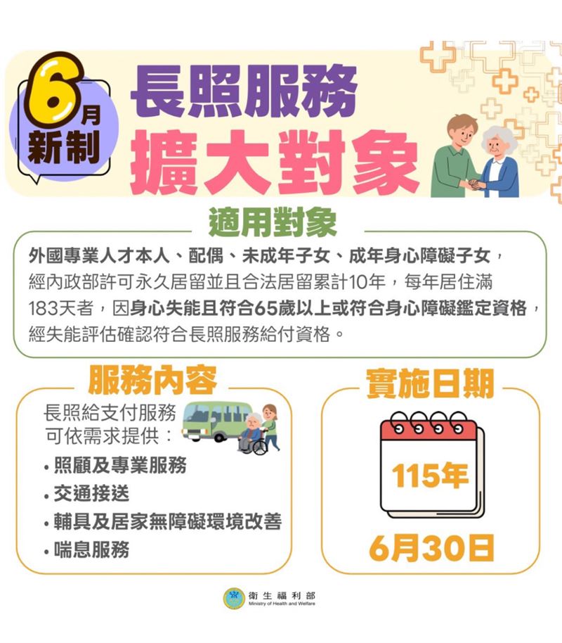 衛福部公告外國專業人才及眷屬長照新制。(圖/衛福部提供)