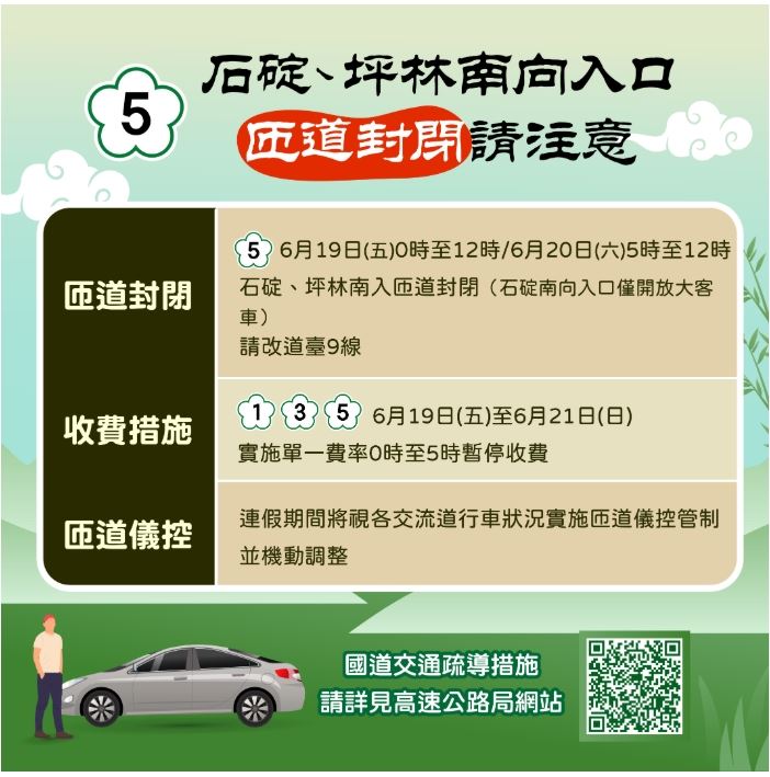 新北市交通局彙整端午連假交通資訊,提醒民眾留意國道5號南下匝道封閉措施、國道客運優惠方案,以及蘆洲微風運河龍舟賽周邊交通管制資訊。(圖/新北市交通局提供)
