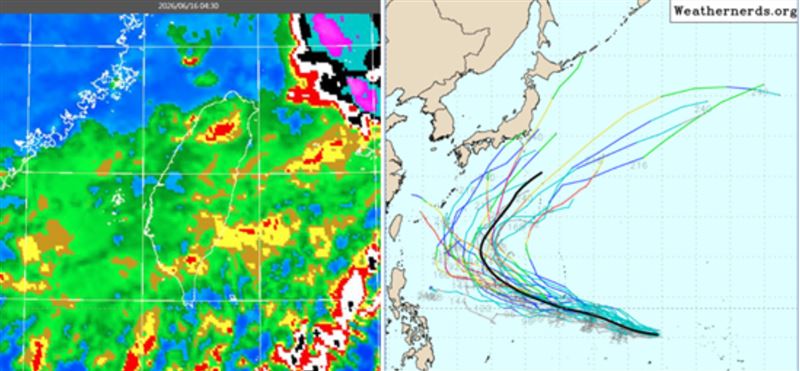今(16日)晨4:30紅外線色調強化雲圖(左圖)顯示,臺灣上空雲系鬆散。最新(15日20時)美國系集模式(GEFS)路徑模擬(右圖)顯示,菲律賓東方有熱帶擾動發展,將在日本南方海面,向東北大迴轉。(右圖擷自weathernerds)(圖/翻攝自洩天機教室官網)