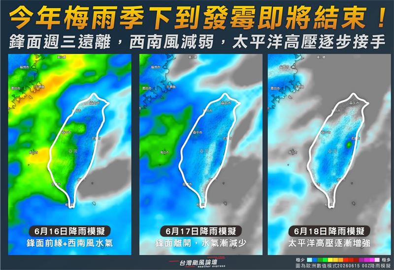 台灣颱風論壇表示,週四太平洋高壓增強,天氣型態將轉為典型的夏季模式。(圖/翻攝自台灣颱風論壇|天氣特急臉書)