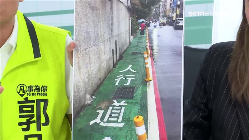 議員參選人郭凡表示，遇到標線人行道要繞過燈桿，很危險