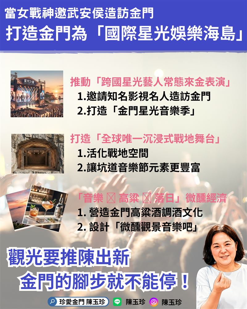 要角逐金門縣長的立委陳玉珍開支票打造金門成為「國際星光娛樂海島」（圖／陳玉珍提供）