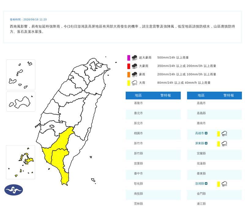 氣象署發布大雨特報。（圖／氣象署）
