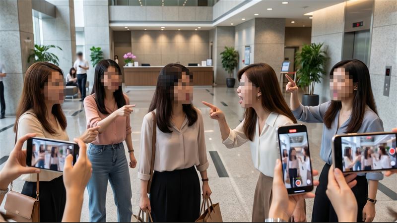 人妻率5名閨蜜去堵小三,拿手機錄影並當眾辱罵對方「小三」。(示意圖/AI生成)