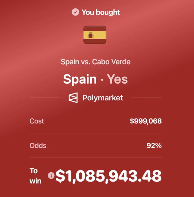 一名重壓西班牙贏球的用戶，輸掉100萬美元。（圖／翻攝自X@PolymarketSport）