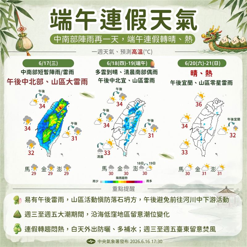 週四起水氣減少,到了週六至週六全台各地晴到多雲。(圖/氣象署)
