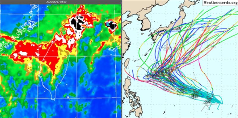左圖:今(17日)晨4:10紅外線色調強化雲圖顯示,臺灣上空有鬆散的中高雲。右圖:最新(16日20時)歐洲(ECMWF)模式系集模擬路徑圖顯示,週末菲律賓東方有熱帶擾動發展,將在日本南方海面,向東北大迴轉。(圖/翻攝自洩天機教室官網)
