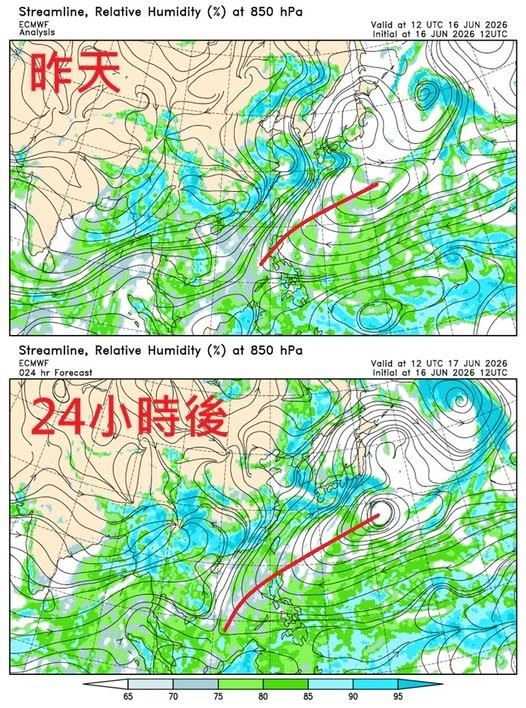 對比圖驚見太平洋高壓「快速增強」,鄭明典直言「看來會有個熱熱的端午節」。(圖/翻攝自鄭明典臉書)