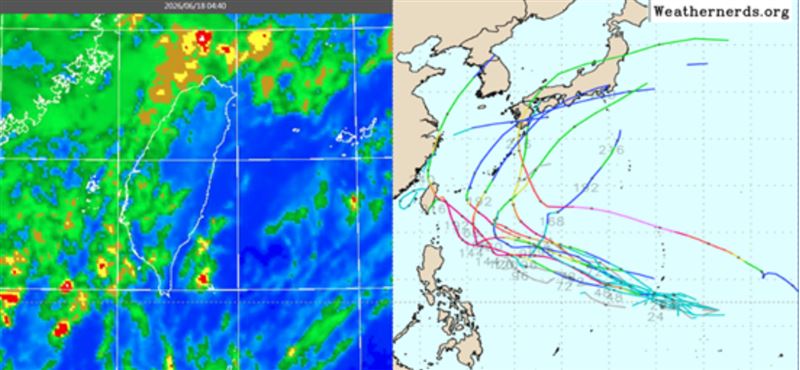 左圖:今(18日)晨4:40紅外線色調強化雲圖顯示,臺灣上空雲系鬆散。右圖:最新(17日20時)歐洲(ECMWF)模式系集模擬路徑圖顯示,週末菲律賓東方有熱帶擾動發展,將在日本南方海面,向東北大迴轉。(圖/翻攝自洩天機教室官網)
