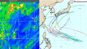 左圖：今(18日)晨4：40紅外線色調強化雲圖顯示，臺灣上空雲系鬆散。右圖：最新(17日20時)歐洲(ECMWF)模式系集模擬路徑圖顯示，週末菲律賓東方有熱帶擾動發展，將在日本南方海面，向東北大迴轉。（圖／翻攝自洩天機教室官網）