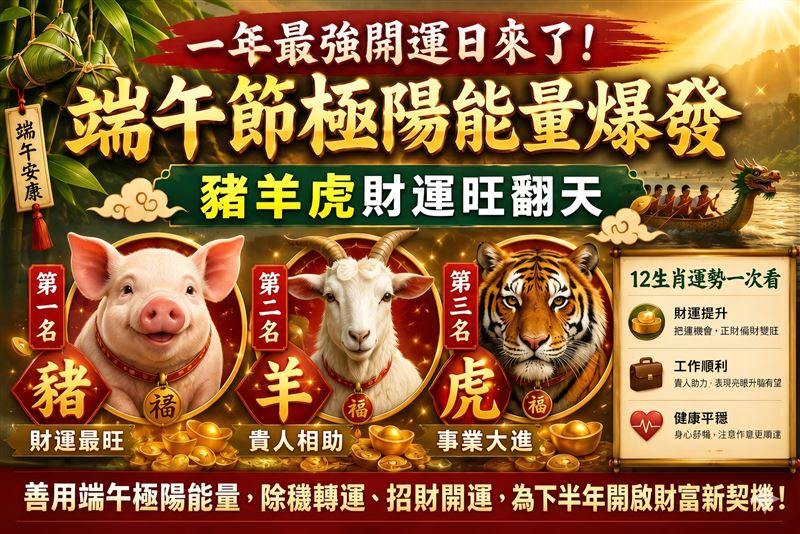 端午節極陽轉運時刻來了!雨揚老師曝光財神爺最愛這豬、虎、羊3生肖,大賺金山一路賺到尾牙。(圖/AI Gemini製作)
