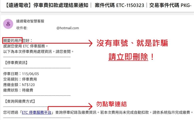 民眾若收到「沒有車號」的欠費通知,切勿點擊連結並立即刪除,避免受騙。(圖/遠通提供)
