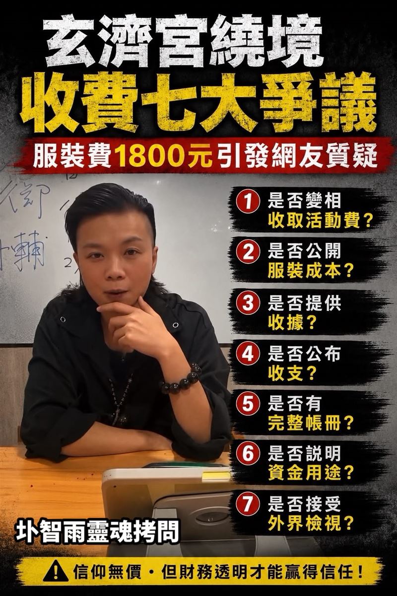 圤智雨在文中整理出「收費七大靈魂拷問」，直擊玄濟宮的財務黑箱疑慮。（圖／翻攝自圤智雨Threads）