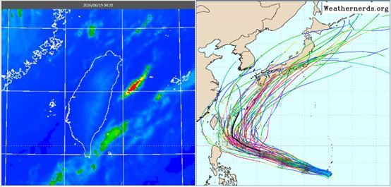 今晨4:20紅外線色調強化雲圖顯示，臺灣上空雲系稀疏(左)。歐洲模式系集模擬路徑圖顯示，在臺灣東方、經琉球附近海面，向東北大迴轉。(右圖／擷自weathernerds)