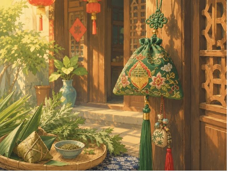 端午節佩戴香包是傳統習俗之一,象徵驅邪避穢、祈求平安健康。(圖/ai製圖)