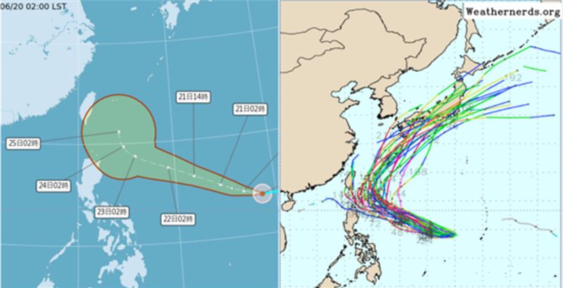 左圖:最新(20日2時)氣象署「颱風路徑潛勢預測圖」顯示,關島東方的熱帶低壓,已於今晨2時發展為第7號輕颱「米克拉」。向西北西朝臺灣東方海面逼近,並於4天後逐漸北轉。右圖:最新(19日20)歐洲模式(ECMWF)系集模擬路徑則顯示:5天之後「米克拉」北轉、再經琉球附近海面,向東北大迴轉。(圖/翻攝自老大洩天機官網)