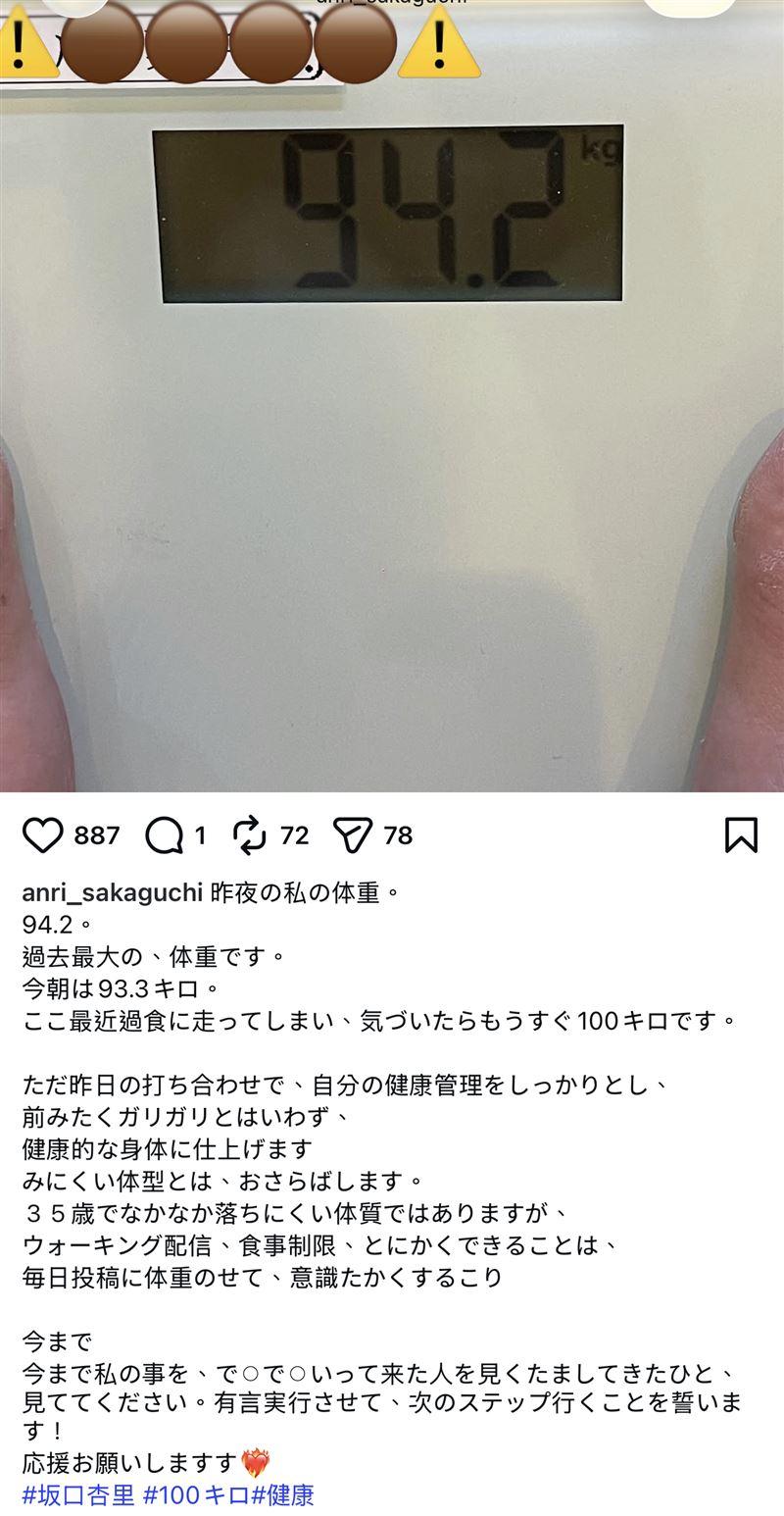 坂口杏里透過社群曝光真實體重。(圖/翻攝自IG)