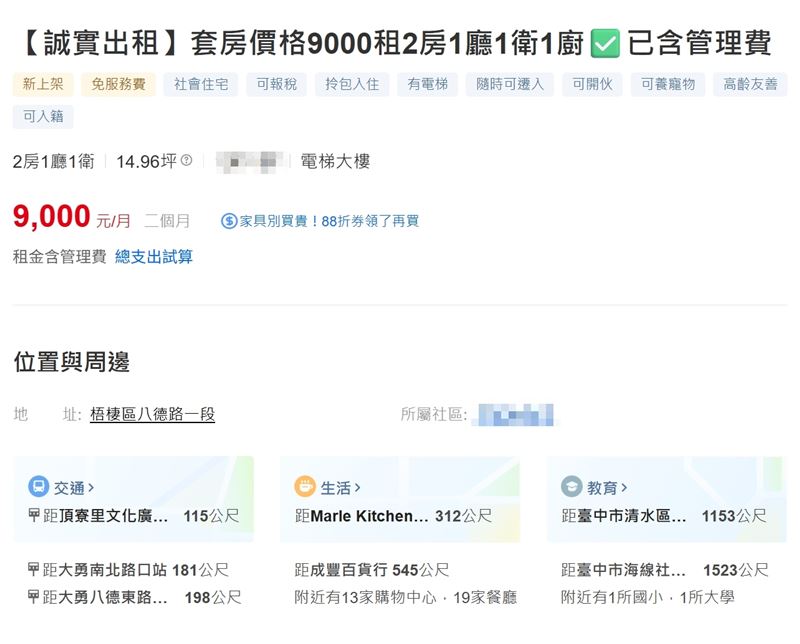 5月底，台中梧棲發生21歲夫妻雙屍命案，事故屋歷經超度、淨化、重新裝潢後，再次以超低價格出租。（圖／翻攝租屋網站）