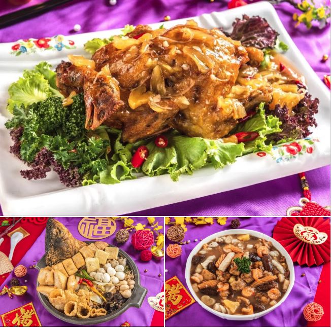 阿机師的「手路菜」:鳳梨蜜汁雞(上)、砂鍋魚頭(左)、海鮮燴虎掌(右)。(圖/翻攝內門阿机師 【義美宴席外燴】)