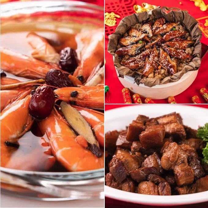 阿机師的「手路菜」:貴妃紹興蝦(左)、荷葉蒲燒鰻米糕(右)、唐朝一品小封肉(下)。(翻攝/內門阿机師 【義美宴席外燴】)