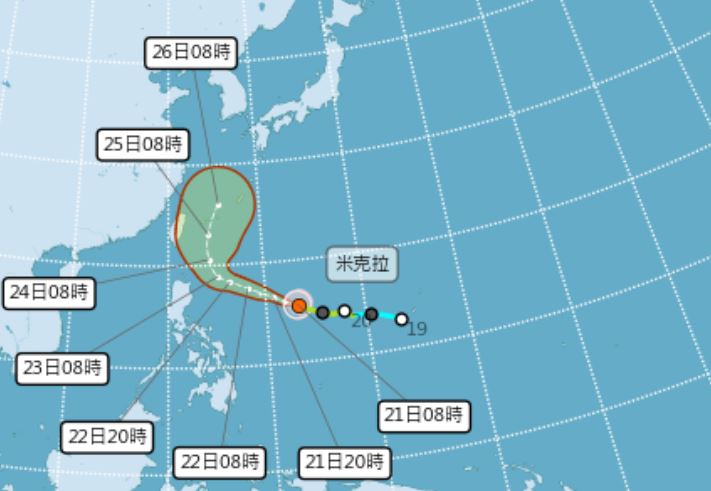 氣象署預估,米克拉颱風明日將增強為中度颱風,週二、週三逐漸北轉。(圖/翻攝自氣象署)