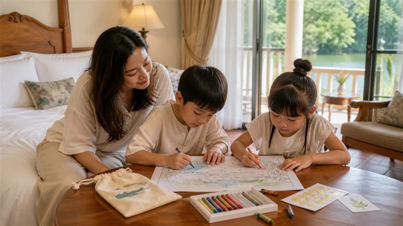 入住「夏日湖畔童遊假期」加贈湖畔童畫探索包,邀請孩子用色彩記錄旅途中看見的湖畔風景,留下屬於暑假的親子回憶。(圖/飯店旅宿業者提供)