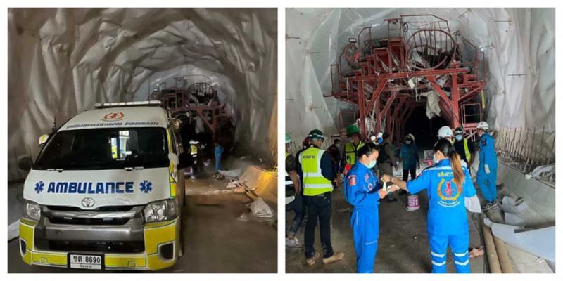 救護車駛進隧道事故現場，搶救重傷工人。（圖／翻攝自臉書@สำนักงานประชาสัมพันธ์จังหวัดเชียงราย）