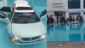 泰國男子疑因與母親發生租金糾紛，駕車衝入朱拉隆功大學泳池，車輛幾乎滅頂。（圖／翻攝自Amarin TV）