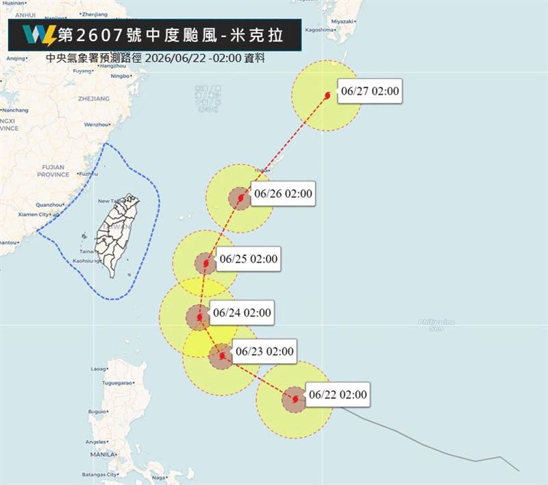 氣象粉專「天氣風險 WeatherRisk」今(22)天表示,週四、週五是颱風最接近臺灣的時段。(圖/翻攝自天氣風險臉書)