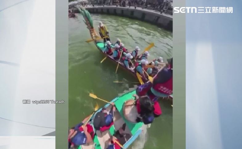 高雄林園傳統龍舟賽,有一艘龍舟失控轉向,差點撞到其他選手的頭