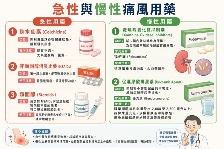 痛風原來「非」全是高普林食物的錯!常見的痛風急性與慢性治療用藥。(圖/醫健新聞網提供)