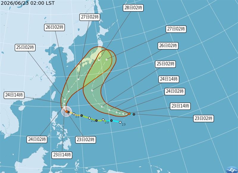 熱帶性低氣壓(TD08)位於關島附近海面,已增強為今年第8號颱風「無花果」(Higos)。(圖/中央氣象署)