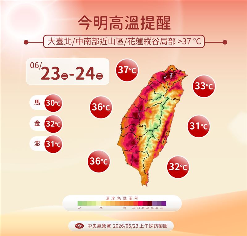 今明留意37度以上高溫。(圖/氣象署)