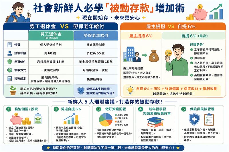 社會新鮮人快看!勞工退休金與勞保老年給付差在哪?會計師胡碩匀強調:搞懂雇主與自己提的6%(共12%)這件事,退休身價差百萬。(圖/AI ChatGPT製作)