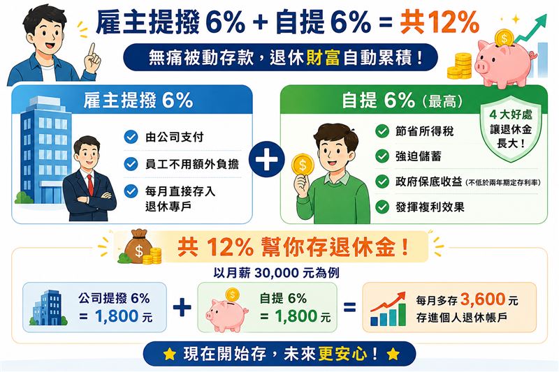 社會新鮮人快看!勞工退休金與勞保老年給付差在哪?會計師胡碩匀強調:搞懂雇主與自己提的6%(共12%)這件事,退休身價差百萬。(圖/AI ChatGPT製作)