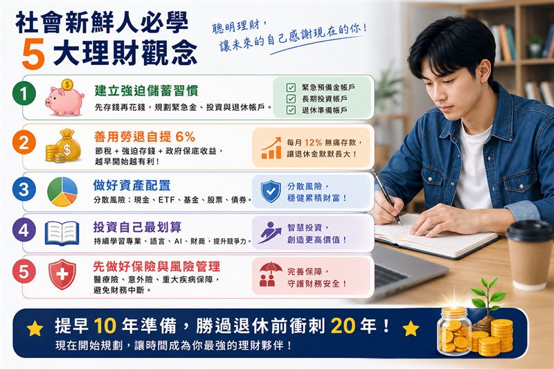 社會新鮮人快看!勞工退休金與勞保老年給付差在哪?會計師胡碩匀強調:搞懂雇主與自己提的6%(共12%)這件事,退休身價差百萬。(圖/AI ChatGPT製作)