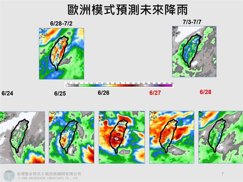 未來降雨預測一覽,26日可見半個台灣被染紅。(圖/翻攝自賈新興臉書)