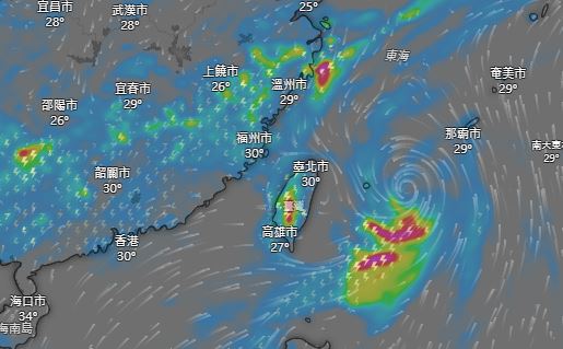 週三下半天至週五日間為颱風最接近臺灣之時段,颱風將沿東部外海北上。(圖/翻攝自Windy.com)