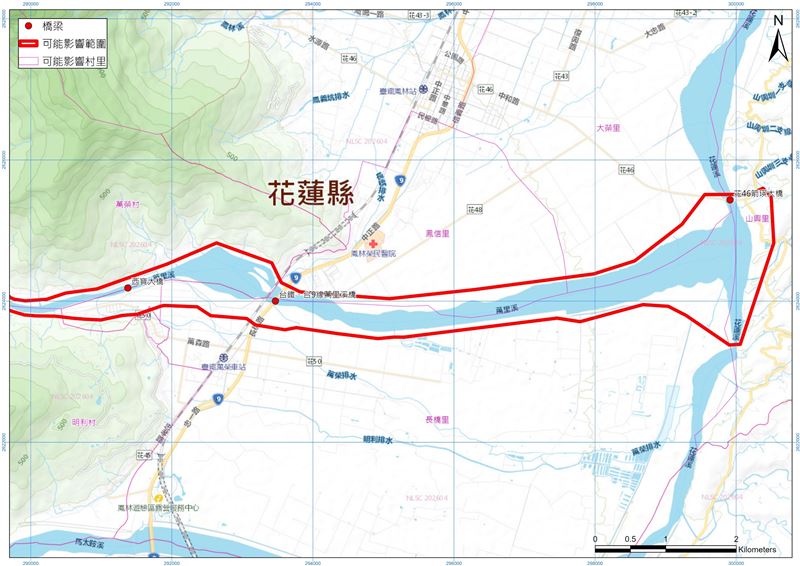 花蓮萬里溪堰塞湖可能影響範圍圖。(圖/農業部林業及自然保育署提供)