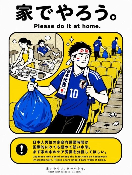 日本男球迷在球場撿垃圾時神情認真,但回家卻翹腳躺在沙發上滑手機,對一旁正忙於洗碗的妻子冷眼旁觀。(圖/翻攝自X)