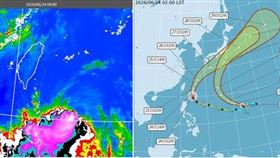 今晨4時紅外線色調強化雲圖顯示，臺灣北部有稀疏卷雲，「米克拉」已喪失颱風眼特徵（左）。氣象署颱風路徑潛勢預測圖顯示，米克拉今、明兩天沿臺灣東側、向北北東進行，有繼續減弱的趨勢，週五通過琉球附近海面，週六向東北加速遠離。第8號輕颱「無花果」亦呈現大迴轉的路徑，離臺更遙遠、無侵臺疑慮（右）。