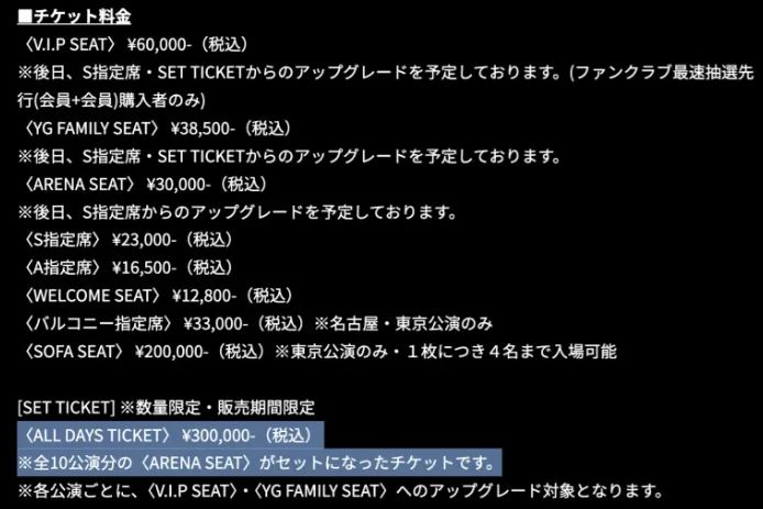 BIGBANG日本巡演30萬日圓套票，可看10場演出。（圖／翻攝自ygex.jp/bigbang）