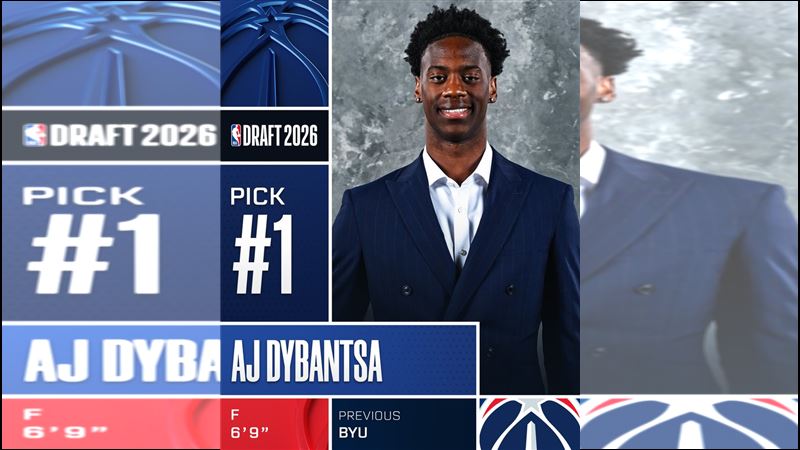 華盛頓巫師隊於24日的NBA選秀會中以狀元籤選中來自楊百翰大學的天才前鋒迪班薩(AJ Dybantsa)。(圖/翻攝自X平台 @NBA)